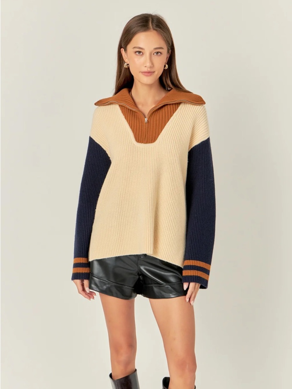 English Factory Cream, Navy & Brown Colorblock Half-Zip Sweater